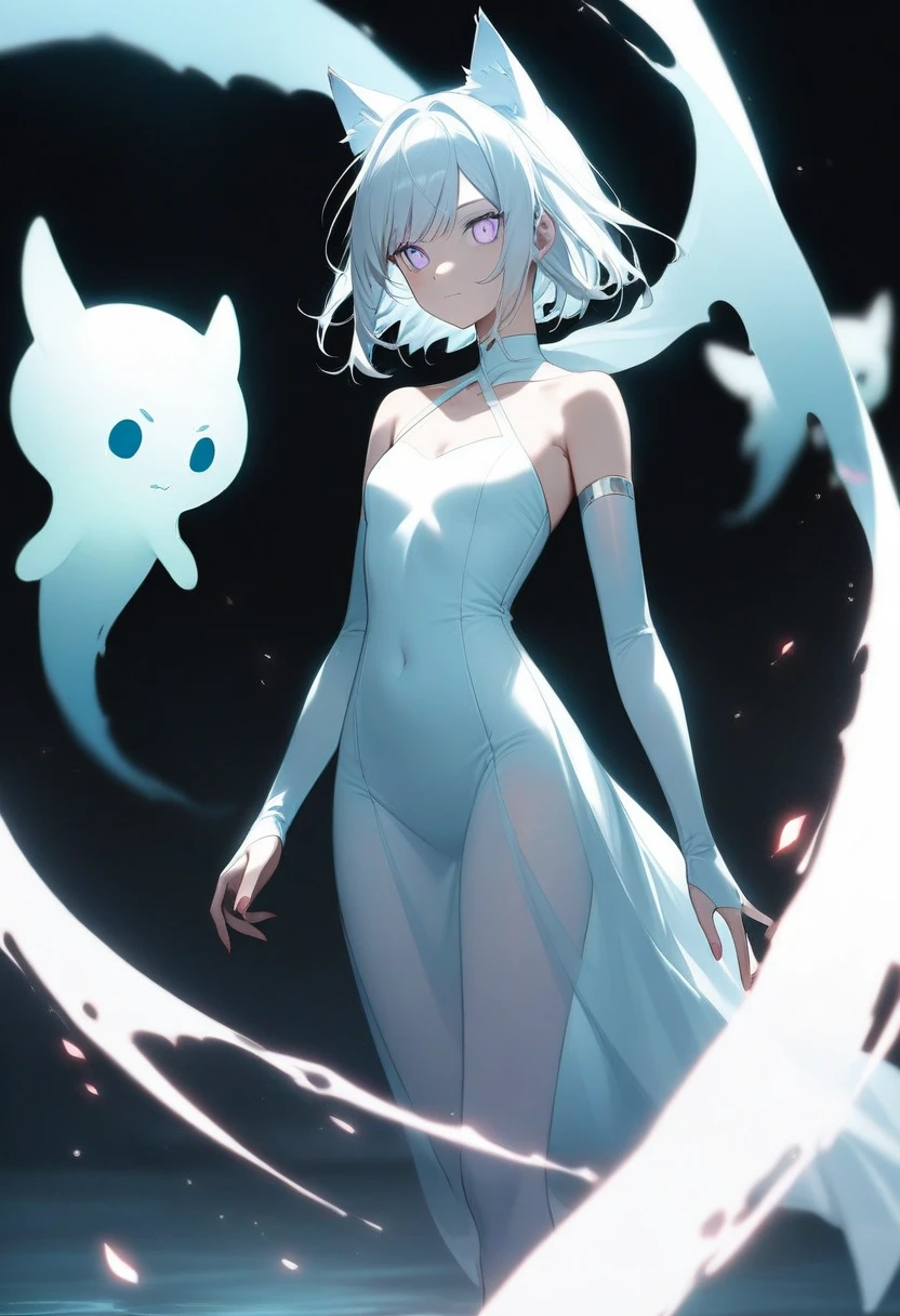 1girl, anime, cat ears, (((glowing translucent catgirl, best quality, masterpiece, ultra high res, raw photo, ghost, transparent body, light white body, white aura, flying ghost, ghost light)))
