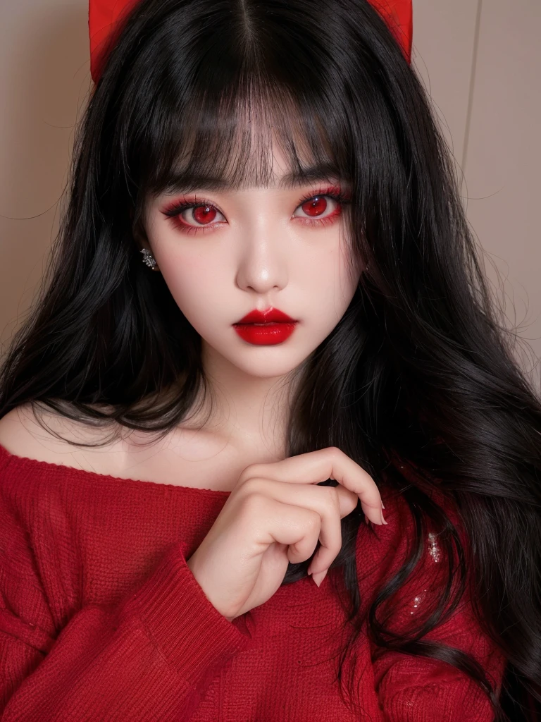 araffe girl with long black hair and red sweater posing for a picture, ulzzang, cruel korean gothic girl, red contact lenses, red lipstick on face, faint red lips, small and thick red lips, with long hair and piercing eyes, South Korean popular makeup, red lips, gothic girl aesthetic, red contacts, ((red)) baggy eyes