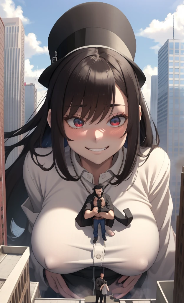 masterpiece, best quality, 2others, couple, 1man with 1woman, Height difference, happy, love, smile, casual clothes, oversized shirt, different fashions, modern urban street, hat,GtsGiga,Gtscity,cityscape, giantess,Rampage, enthralled in despair,sadistic smile,towering the couple,giantess with tinies