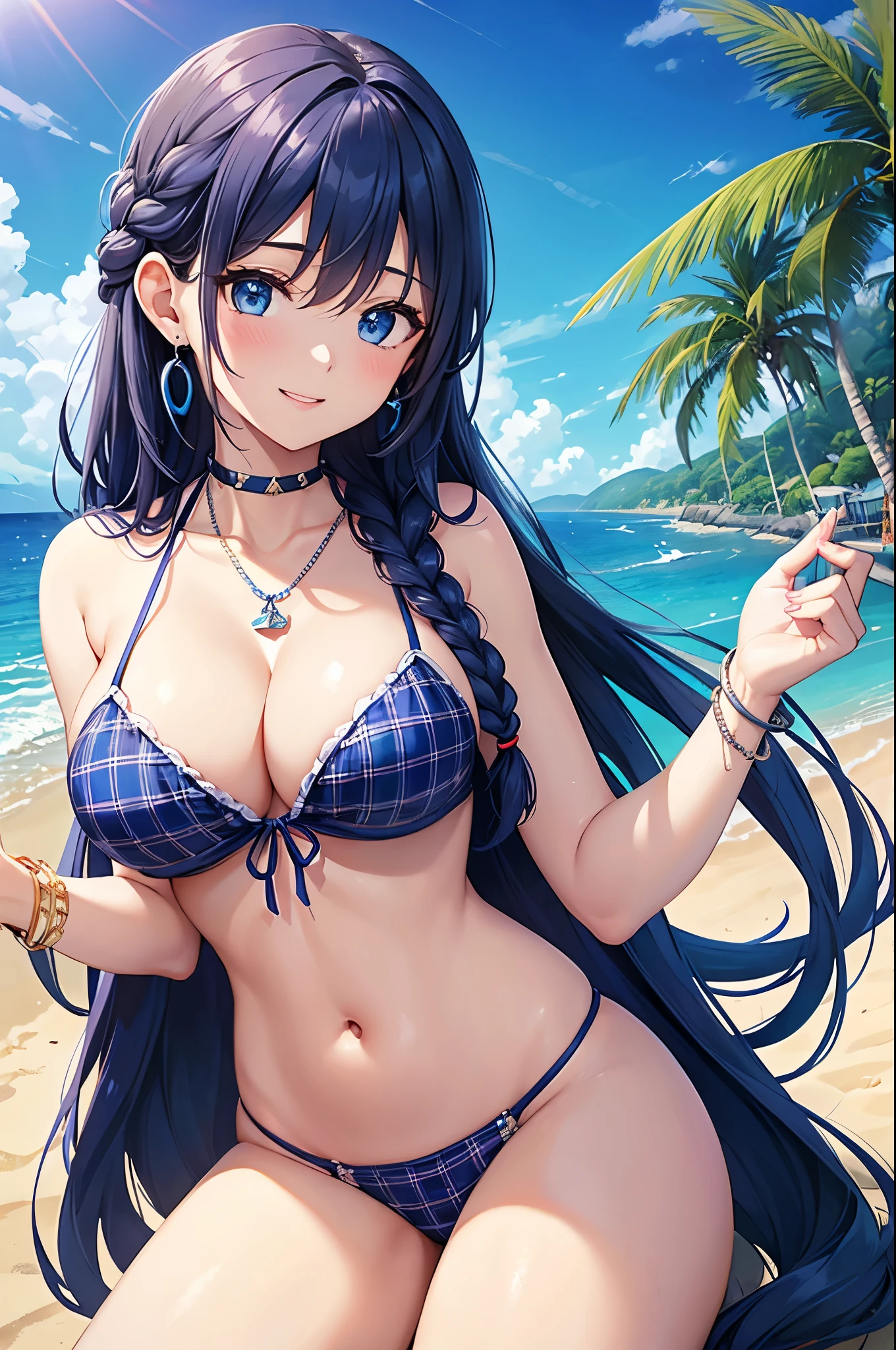 Highest quality、Highest quality、masterpiece、(8K),beauty(Age 25)、Navy blue long hair(Braiding of sides)、blue eyes、Sexy Bikini(Plaid)、Big cleavage、(Big Breasts)、smile、blue necklace、Blue Earrings、background(Beach)、Please open your mouth wide、bracelet、Arch Pose、Blue choker