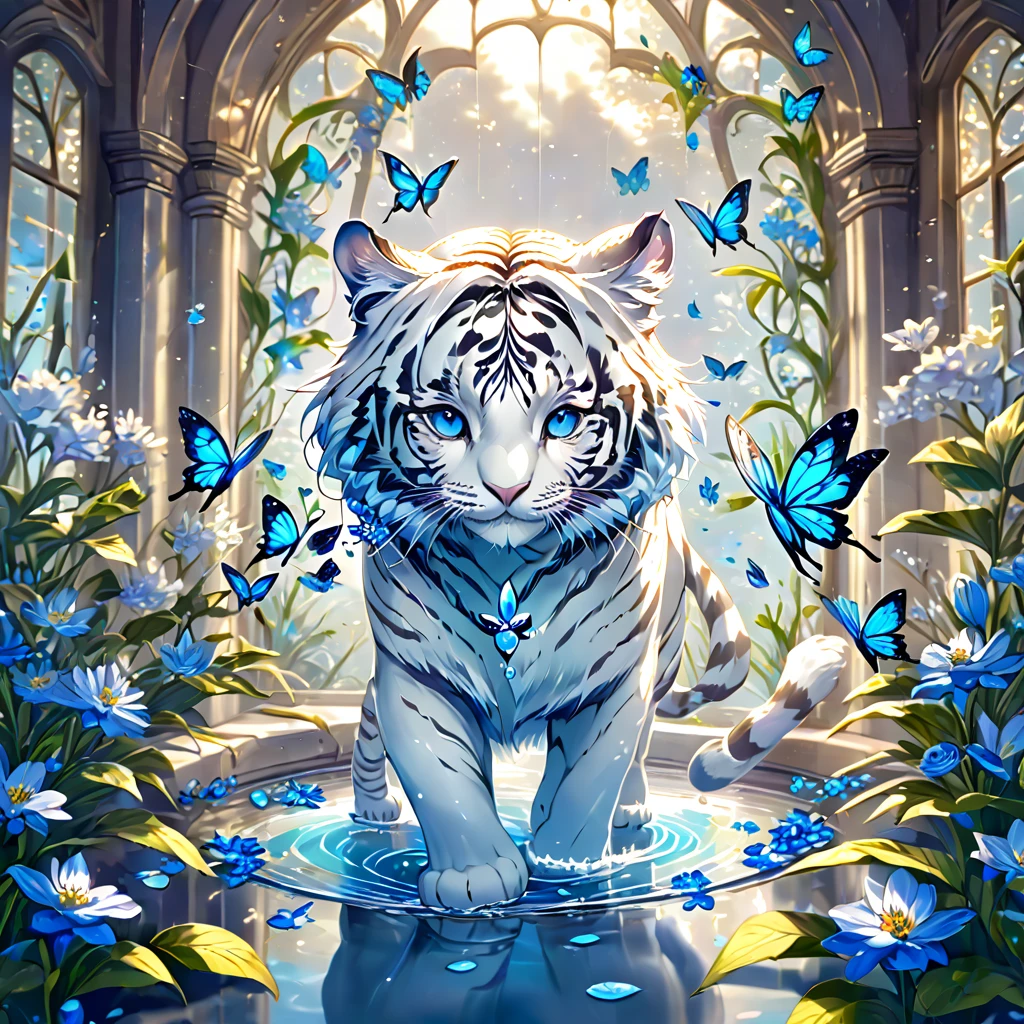 absurdres, highres, ultra detailed, HDR, master piece, best quality, extremely detailed, white tiger, solo, cute, small, fantasy, magical, magic, blue butterflies, blue petals, blue flowers, water, blossoms, glass