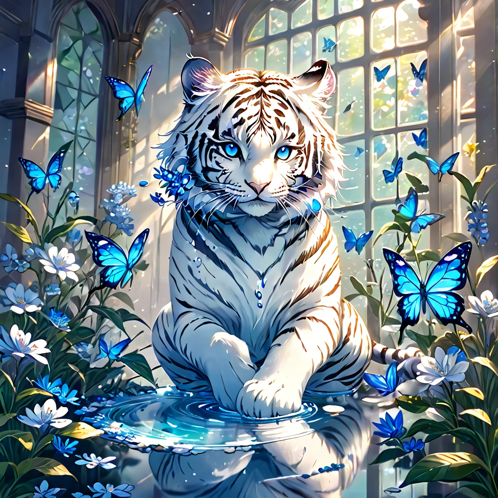 absurdres, highres, ultra detailed, HDR, master piece, best quality, extremely detailed, white tiger, solo, cute, small, fantasy, magical, magic, blue butterflies, blue petals, blue flowers, water, blossoms, glass