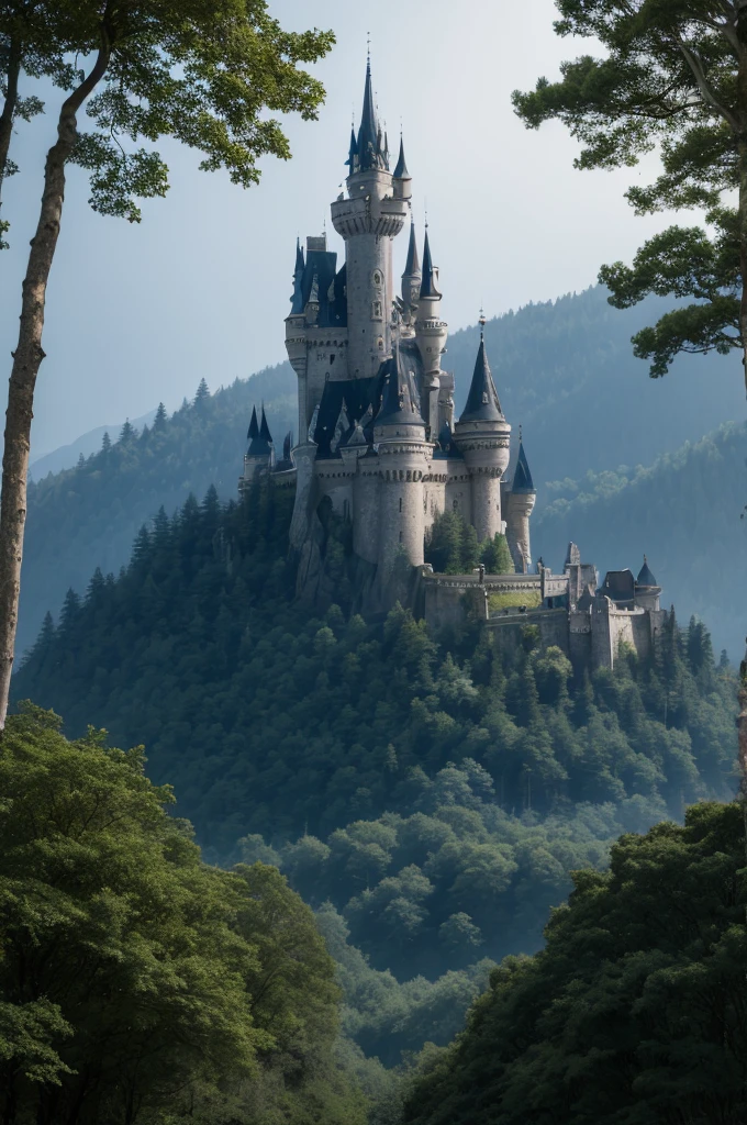A forest in front and in the background a Meadiaval castle (dark fantasia)