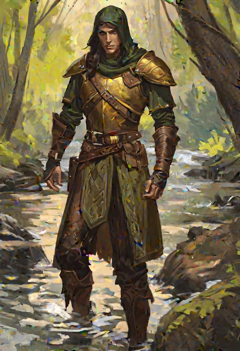 digitalpainting, pictorial \(styled\), male rogue from the Elder Scrolls series, trunk, portraite, A4, short dark hair, golden eye, Light green skin, brown leather armor, without shoulder pad, Dynamic shading, expressive brushstrokes, oil on canvas, extremely detaild, light and dark colors, full body image, near river in a forest
