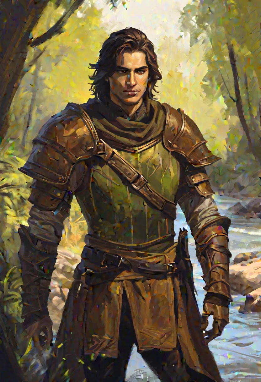digitalpainting, pictorial \(styled\), male rogue from the Elder Scrolls series, trunk, portraite, A4, short dark hair, golden eye, Light green skin, brown leather armor, without shoulder pad, Dynamic shading, expressive brushstrokes, oil on canvas, extremely detaild, light and dark colors, full body image, near river in a forest