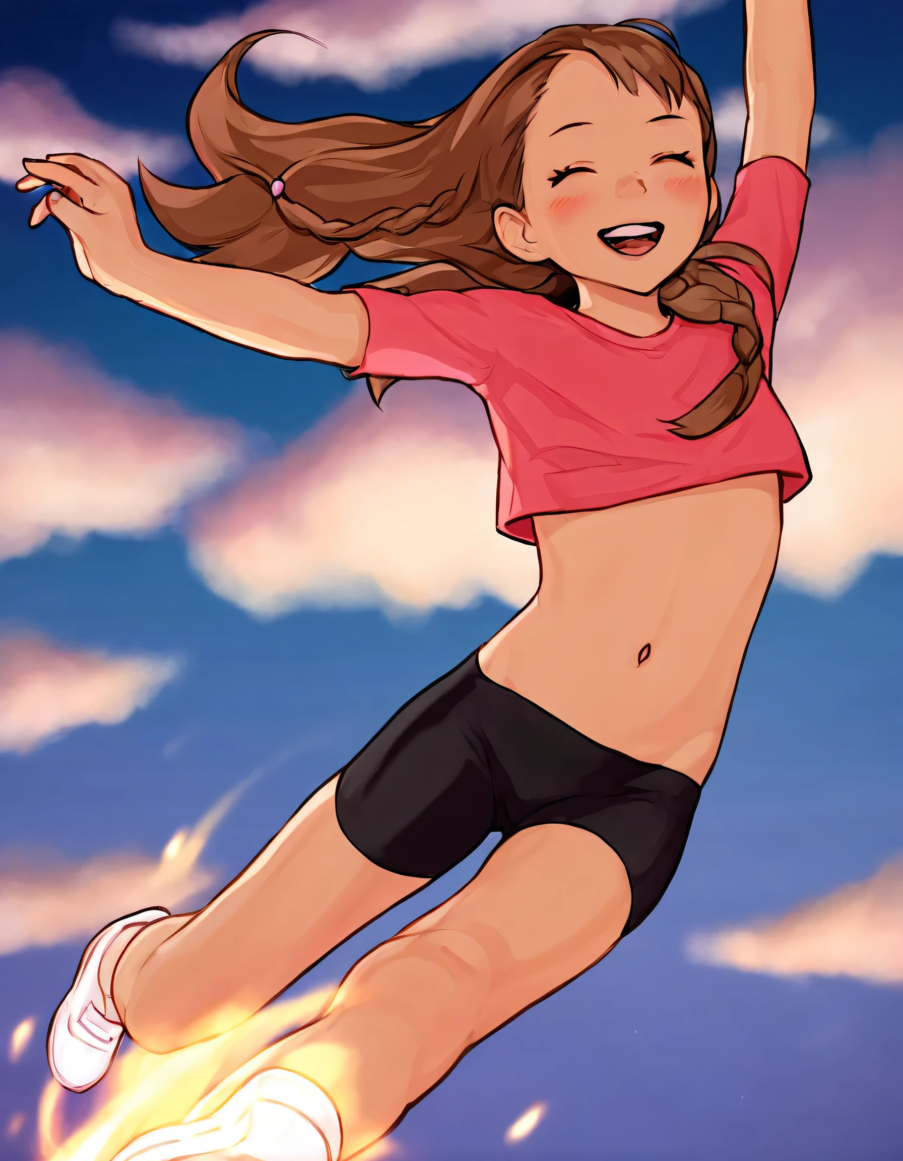 masterpiece, best quality, movie still, 1girl, cloud girl, floating in the sky, close-up, bright, happy, warm soft lighting, sunset, (sparks:0.7)