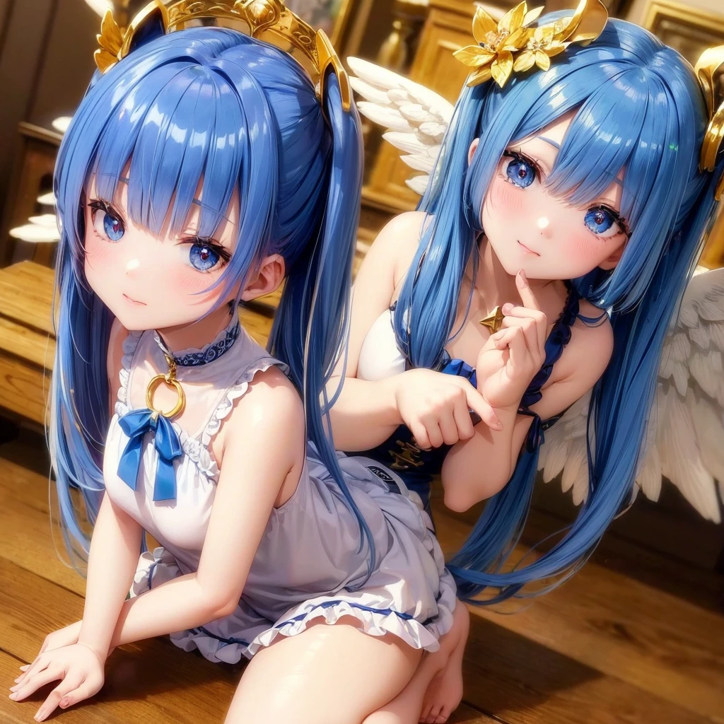 (Little:1.2)、(masterpiece:1.4)、(Highest quality:1.4)、(Very cute angel girl、Ultra detailed face、Jewel-like eyes、Blue very long twin tails:1.4)、(Angel Ring:
1.4)、(Angel Wings:1.4)、Optics、shine、Bokeh、Ultra-fine、(((Blue Hair)))、Golden decoration,Anime Style、
