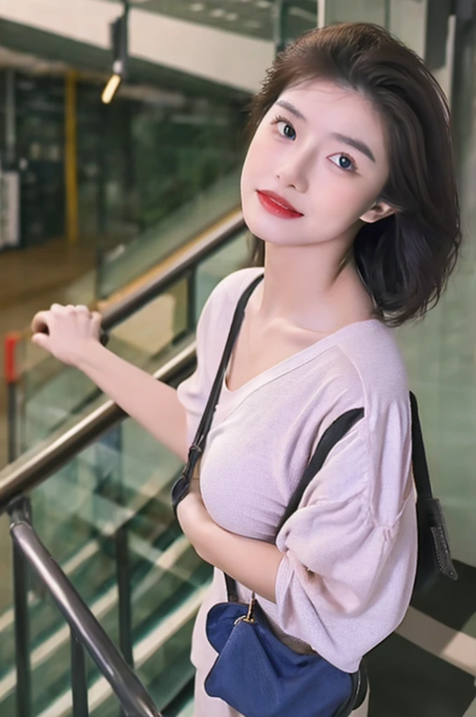 (1girl solo:1.2), cowboy shot (dutch angle from above:1.2), looking at viewer, pov,shoulder bag strap between breasts paisura
(walking on stairs:1.2) in train station platform, railing, white t-shirt, jeans, shoulder bag strap between breasts paisura, Silver hair, very short hair, slanted eyes, medium breasts(C Cup)-Pale blue eyes、、8K, highest quality, masterpiece, Ultra-detailed、full lips、、、Blushing、lipstick、Perfect hands、Detailed hand, loose clothes, blush, sweatdrop, pumps, 8K, highest quality, masterpiece, super detailed、、blush、lipstick、medium breasts、perfect hands、detailed hands,shoulder bag strap between breasts paisura、shoulder bag strap between breasts paisura