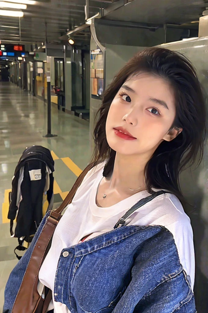 (1girl solo:1.2), cowboy shot (dutch angle from above:1.2), looking at viewer, pov,shoulder bag strap between breasts paisura
(walking on stairs:1.2) in train station platform, railing, white t-shirt, jeans, shoulder bag strap between breasts paisura, Silver hair, very short hair, slanted eyes, medium breasts(C Cup)-Pale blue eyes、、8K, highest quality, masterpiece, Ultra-detailed、full lips、、、Blushing、lipstick、Perfect hands、Detailed hand, loose clothes, blush, sweatdrop, pumps, 8K, highest quality, masterpiece, super detailed、、blush、lipstick、medium breasts、perfect hands、detailed hands,shoulder bag strap between breasts paisura、shoulder bag strap between breasts paisura