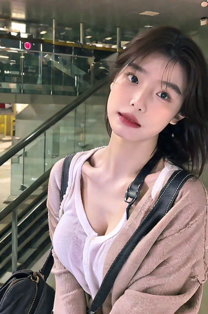 (1girl solo:1.2), cowboy shot (dutch angle from above:1.2), looking at viewer, pov,shoulder bag strap between breasts paisura
(walking on stairs:1.2) in train station platform, railing, white t-shirt, jeans, shoulder bag strap between breasts paisura, Silver hair, very short hair, slanted eyes, medium breasts（C Cup)-Pale blue eyes、、８K, highest quality, masterpiece, Ultra-detailed、full lips、、、Blushing、lipstick、Perfect hands、Detailed hand, loose clothes, blush, sweatdrop, pumps, ８K, highest quality, masterpiece, super detailed、、blush、lipstick、medium breasts、perfect hands、detailed hands,shoulder bag strap between breasts paisura、shoulder bag strap between breasts paisura