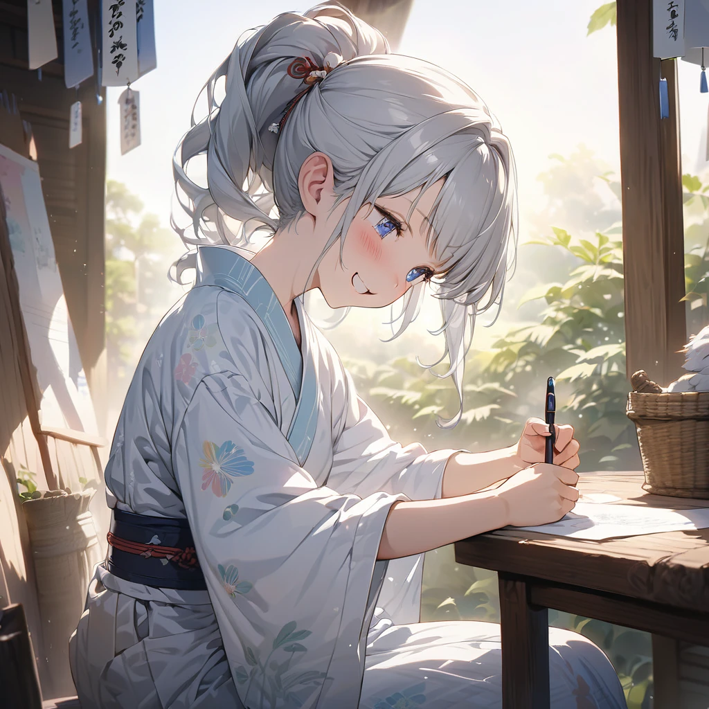 masterpiece, ultra detailed, 8K, a girl, kawaii, light atmosphere, (Cute a tsundere girl:1.5), anime visual, (tilt head:1.3), extremely delicate face, realistic lighting and shading, (an extremely delicate and beautiful art:1.3), a girl,blush,Japanese-style white colored yukata, cowboy shot, pale silver hair, ponytail hair, blue eyes, indigo-colored Oshima Tsumugi, smiling ,laughing, Writing words with a brush on a strip of paper for the Tanabata Festival. Sitting upright.