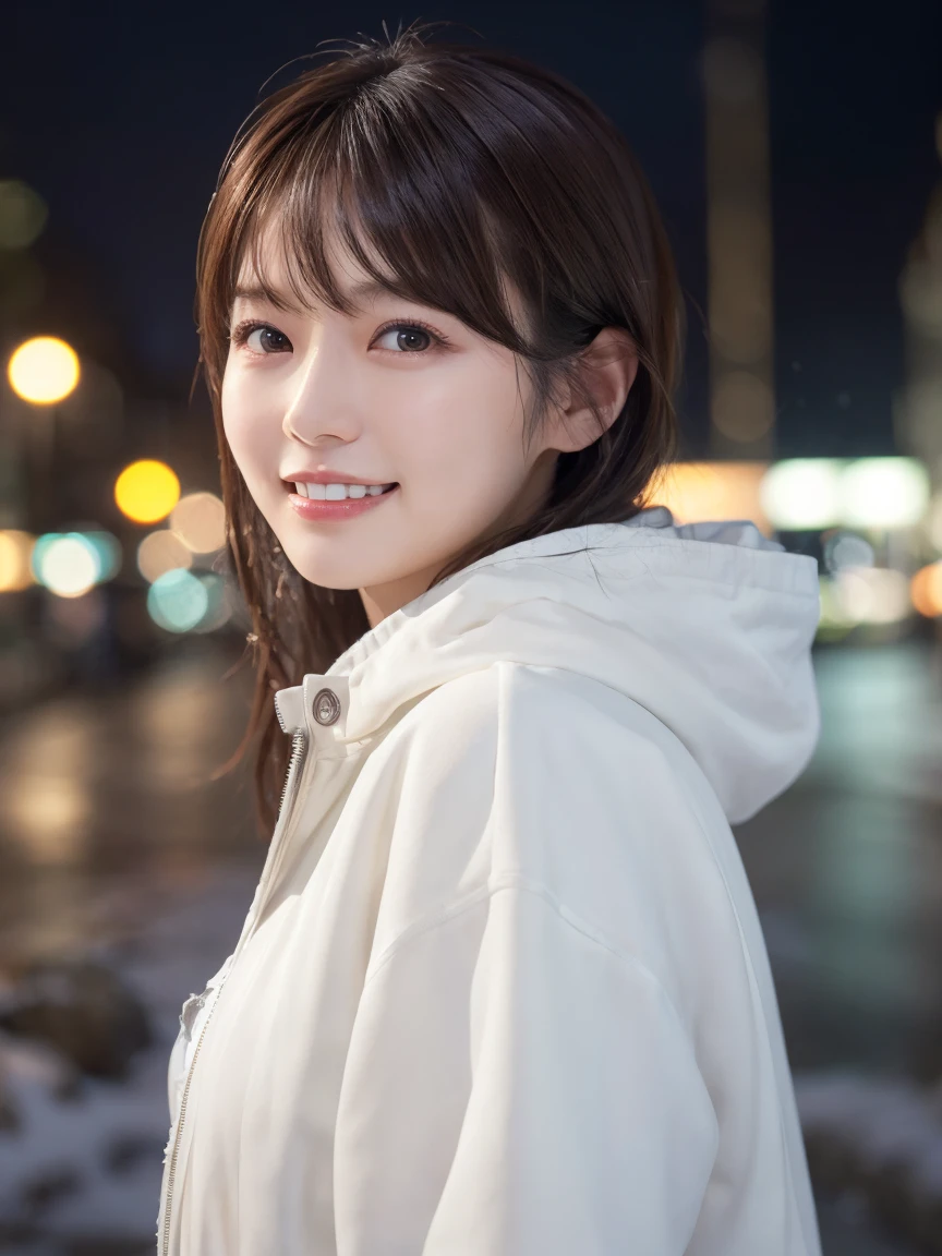 1 Girl, (Wear a platinum coat:1.2), (RAW Photos, Highest quality), (Realistic, Photorealistic:1.4), Tabletop, Very delicate and beautiful, Very detailed, 2k wallpaper, wonderful, finely, Very detailed CG Unity 8K 壁紙, Very detailedな, High resolution, Soft Light, Beautiful detailed girl, Very detailed目と顔, Beautiful and detailed nose, finelyて美しい目, Cinema Lighting, Illuminations that light up the city on a snowy night, Snow Scene, that'it's snowing, 髪にit's snowing, Perfect Anatomy, Slender body, Was nervous, (In underwear:1.5),
Straight semi-long hair, bangs, Looking at the audience, smile