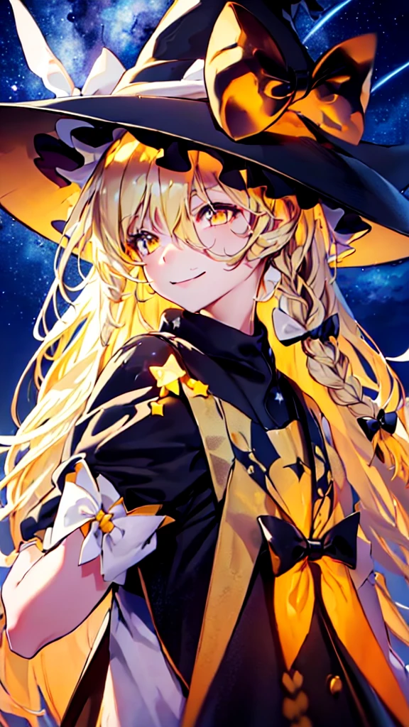 (Best image quality), blonde_hair, length_hair, Have, witch_Have, bow, yellow_eye, Braiding, single_Braiding, Have_bow, smile, hair_bow, white_bow, 前hair, black_hat, (Highly detailed CG Unity 16k wallpaper:1.1), Night Sky,(shooting star)