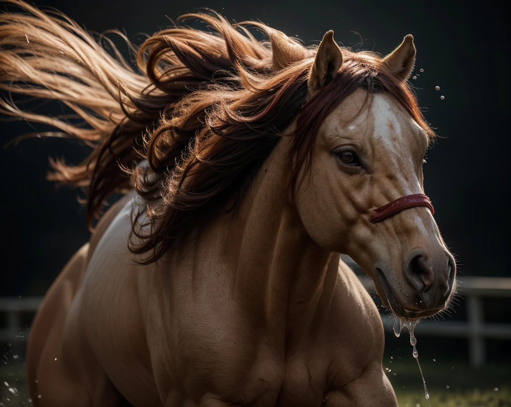 Movie stills ((((not human))))I would love to be in your picture, with enthusiasm, Enthusiasm and boundless energy. Is it the vibrant red that literally engulfs me?, or、Sprinting at full speed２A majestic and magnificent stallion, their manes Blowinging in the wind, It&#39;s a call to me?
Beautiful painting of a wild horse running, (Eye for perfect detail, perfect detailed head, Perfectly detailed body, muscle:1.5), (horse's mane Blowinging in the wind:1.5)
(dark, Empty red grunge background:1.3), Rim lighting, Clean background
(masterpiece) Hit the ground, Wild Field, Dramatic lighting, Otherworldly, Highest quality, oil, dark, Goya 2023, fog, (amazing art, Splash, Projectile, projection, action:1.2), darkness, sum , breathe, Blowing, Vast natural space, dynamic, Cinematic shots,
style, Goya 2023 style     (not humans:1.5),   Shallow depth of field, Vignette, Very detailed, High budget, Bokeh, CinemaScope, Sulky, amazing, nice, Film Grain, granular