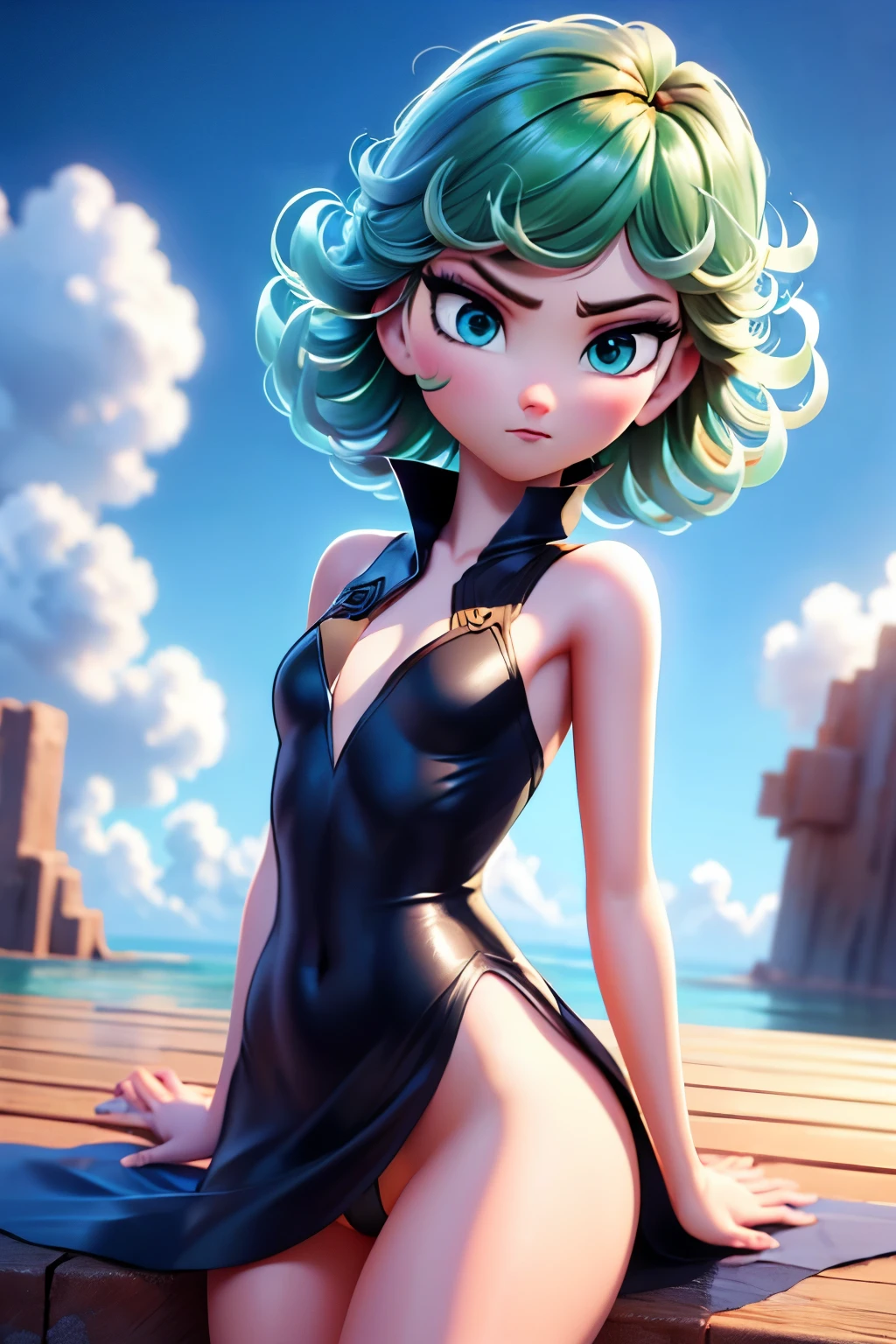 (masterpiece, best quality: 1.2), cowboy shot, solo, 1girl, (tatsumaki), angry, mouth shut, looking at the viewer, arms crossed, black dress, blue sky, clouds, wide hip, thick thighs, defined body, perfect beautiful body, perfect beautiful ass, micro white panties insert in the crotch.