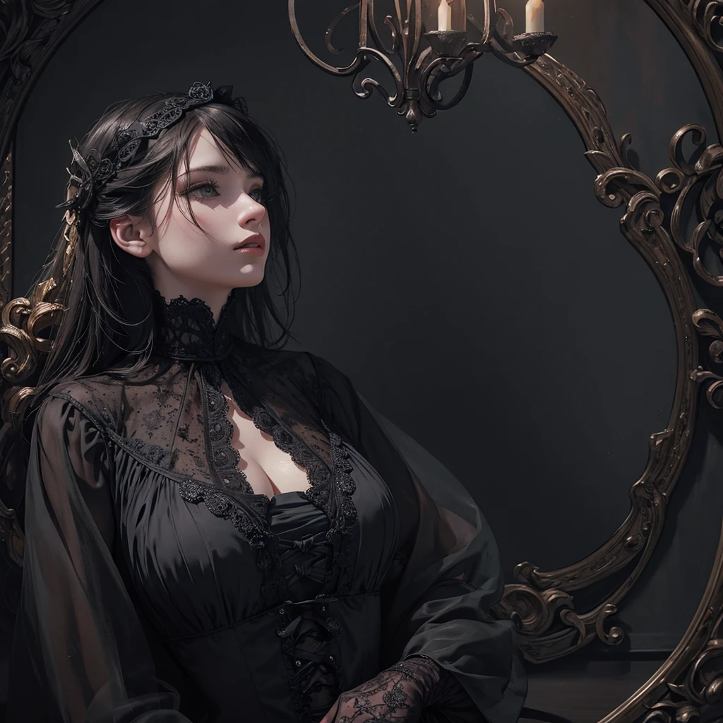 Official Art, Unity 8k wallpaper, super detailed, beautiful, beautiful, masterpiece, best quality,
darkness, atmosphere, mystery, romanticism, creepy, literature, art, fashion, victorian, decoration, intricacies, ironwork, lace, contemplation, emotional depth, supernatural,
1 girl, solo, neck, bust composition