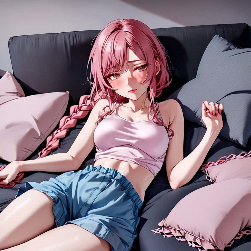 anime girl in 20s, long braided pink hair, blushing, brown eyes, lying in bed, naked