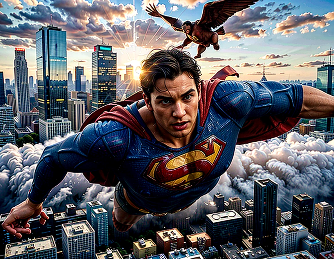 (highres, realistic:1.37), Superman flying over a bustling city, vibrant colors, detailed cityscape, detailed clouds, strong backlighting, heroic pose, cape fluttering in the wind, iconic "S" logo, tall skyscrapers, busy streets, moving vehicles, shiny glass windows, transparent buildings, futuristic architecture, people looking up in awe, dynamic composition, powerful energy radiating from Superman, intense focus on Superman's face, determined expression, confident stance, billowing smoke, realistic textures, shadows and highlights emphasizing depth, realistic city lights, dramatic sunset sky, cinematic feel, iconic superhero