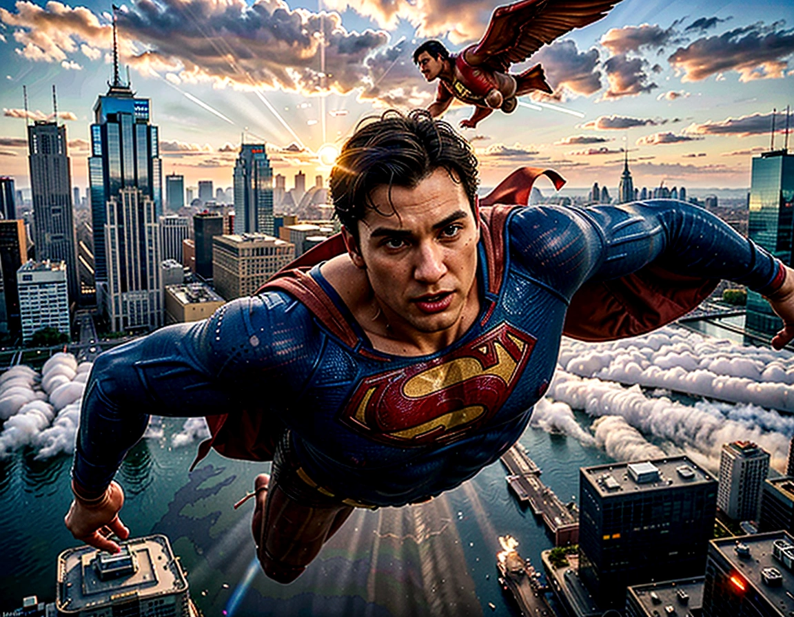 (highres, realistic:1.37), Superman flying over a bustling city, vibrant colors, detailed cityscape, detailed clouds, strong backlighting, heroic pose, cape fluttering in the wind, iconic "S" logo, tall skyscrapers, busy streets, moving vehicles, shiny glass windows, transparent buildings, futuristic architecture, people looking up in awe, dynamic composition, powerful energy radiating from Superman, intense focus on Superman's face, determined expression, confident stance, billowing smoke, realistic textures, shadows and highlights emphasizing depth, realistic city lights, dramatic sunset sky, cinematic feel, iconic superhero