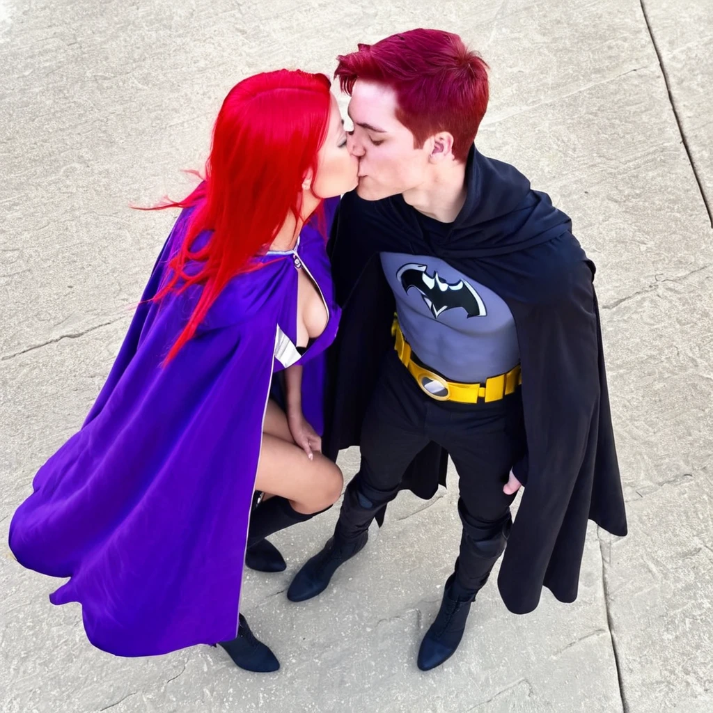 pov, Raven and Starfire, two girls, kissing penis, from above, short hair Raven, red hair, Starfire, small penis, cloak Raven, bare shoulders Starfire, teen titans, long sleeves, skinny, angry
