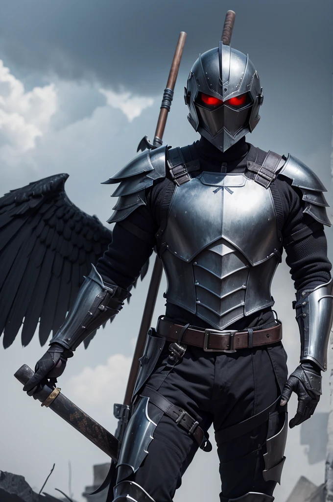 A man in full armor and helmet with a pair of black wings and two scythes