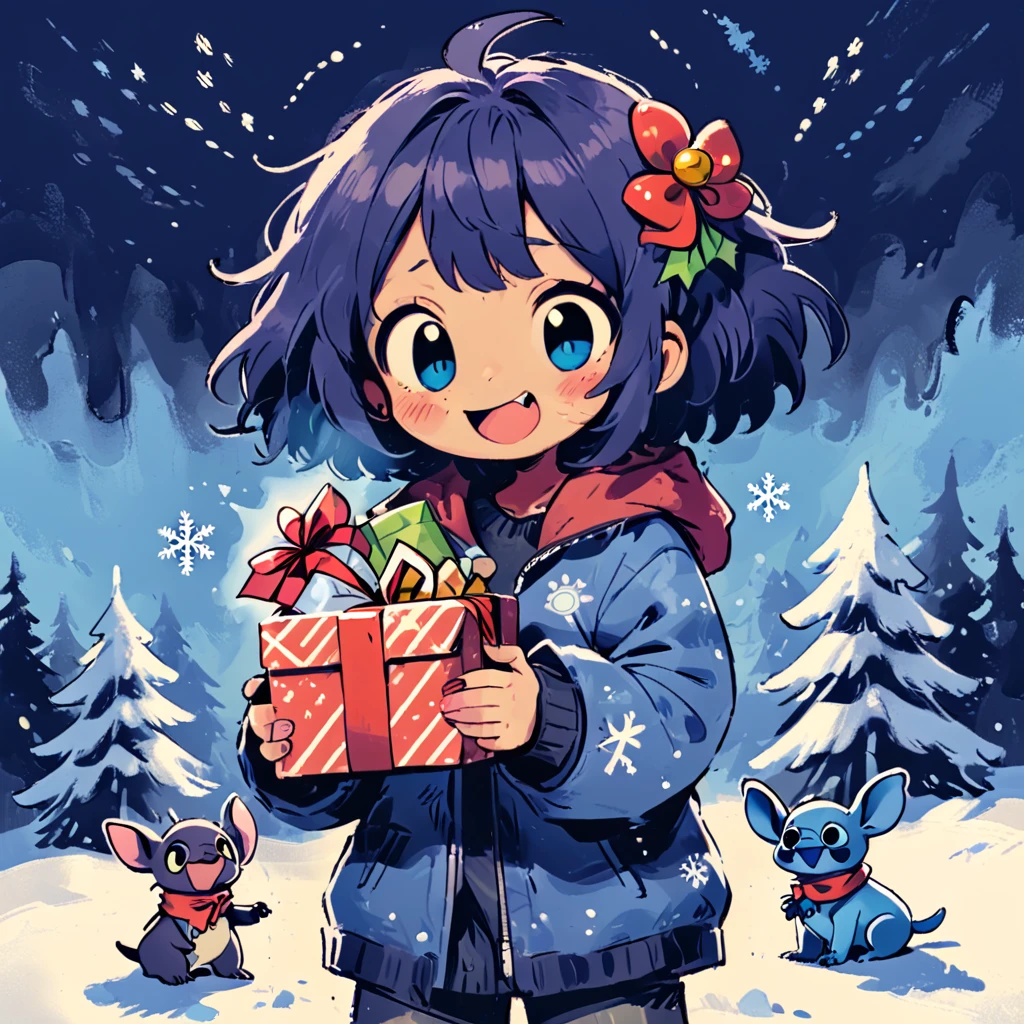 Stitch was holding a Christmas gift on the snow and smiling happily