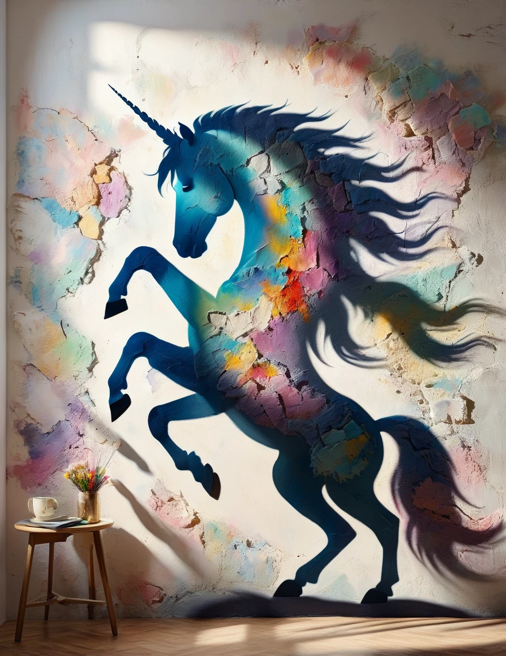 DonM5h4d0w5XL Palette knife shadow on wall, unicorn, 