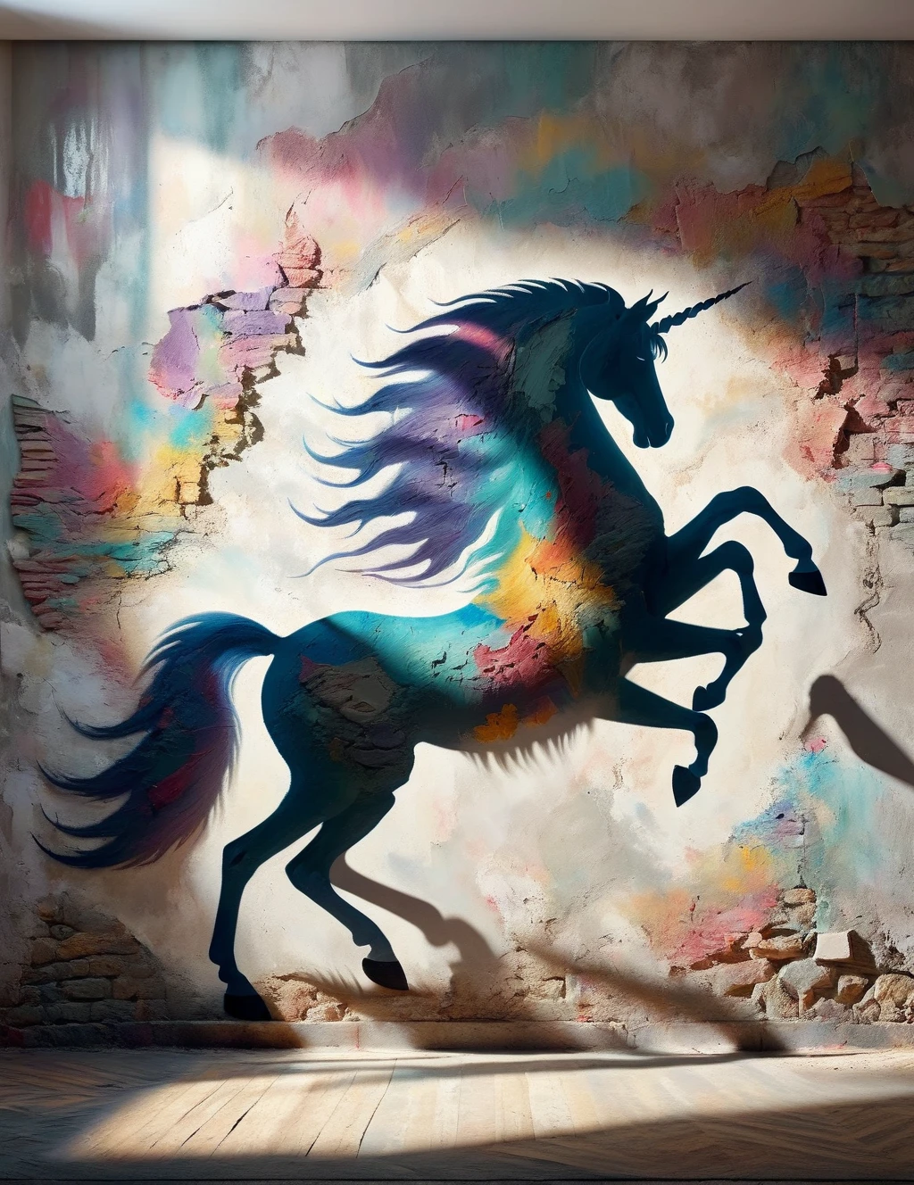 DonM5h4d0w5XL Palette knife shadow on wall, unicorn, 