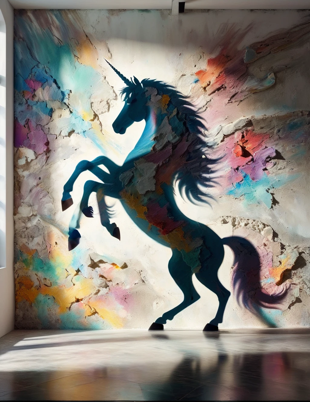 DonM5h4d0w5XL Palette knife shadow on wall, unicorn, 