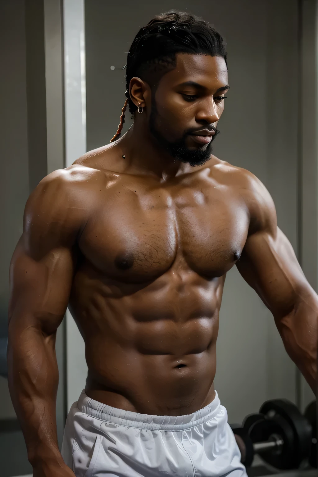 Create a super realistic image of a 22 year old black man with the following characteristics: "Short jet black hair, dark black eyes, black skin, neat beard, beautiful hoop earrings, beautiful face ultra realistic muscular body. in this foreground image appears with a bare back with highlighted pectoral muscles with tribal-type tattoos. He frequents a modern and bright gym and his style represents a professional personal trainer. The background must be blurred with an accentuated Bokeh effect.
V