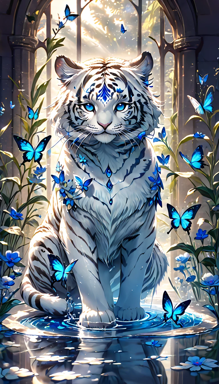 absurdres, highres, ultra detailed, HDR, master piece, best quality, extremely detailed, white tiger, solo, cute, small, fantasy, magical, magic, blue butterflies, blue petals, blue flowers, water, blossoms, glass