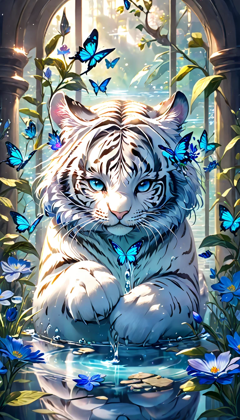 absurdres, highres, ultra detailed, HDR, master piece, best quality, extremely detailed, white tiger, solo, cute, small, fantasy, magical, magic, blue butterflies, blue petals, blue flowers, water, blossoms, glass