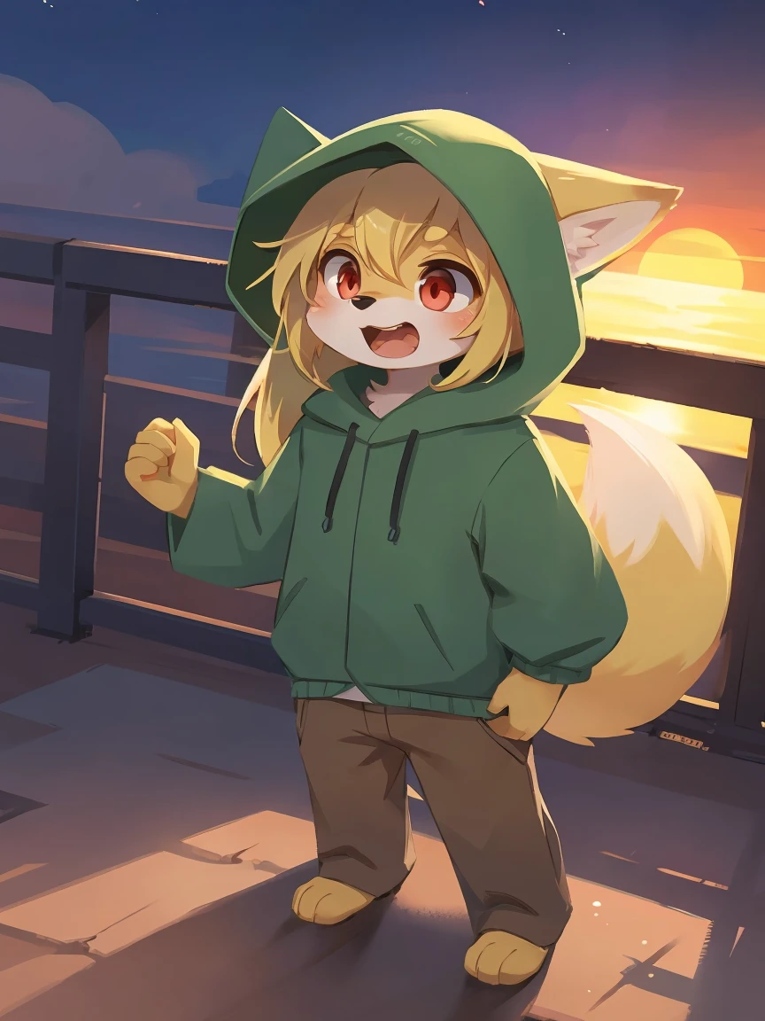 flat color, shota the fox, , was hairy, shaggy, skin fur, smooth lashes, golden fur, forelimb hands, straight long blonde hair, solid circle eyes, golden ears, golden fur, golden facial fur, shiny hair, red eyes, super cute face, 1fox tail, fluffy tail, furry tail, glowing eyes, green coat green hood down, brown trousers, standing, open mouth, ambient light, ultra-fine fur, dashed eyes, (full body), masterpiece, high quality, high-details, best quality, wide short, (((solo))), twilight, sun light, red sky, rim light