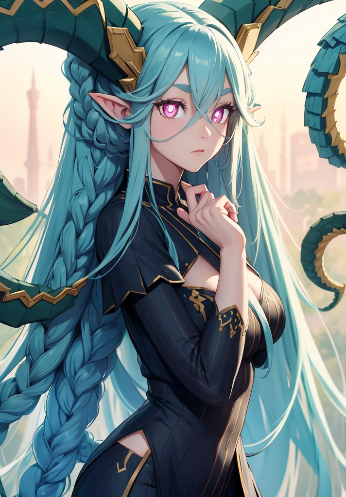 tiamat, tiamat, absurdly long hair, aqua hair, braid, curled horns, gradient hair, horns, long horns, multicolored hair, pink eyes, pointy ears, symbol-shaped pupils, twin braids, (x-shaped pupils:1.5),
BREAK ,
BREAK looking at viewer,
BREAK outdoors,
BREAK (masterpiece:1.2), best quality, high resolution, unity 8k wallpaper, (illustration:0.8), (beautiful detailed eyes:1.6), extremely detailed face, perfect lighting, extremely detailed CG, (perfect hands, perfect anatomy),