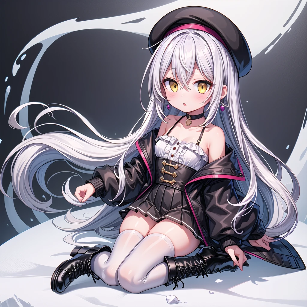  1girl, solo, long hair, breasts, looking at viewer, blush, bangs, skirt, shirt, thighhighs, long sleeves, hat, white background, hair between eyes, bare shoulders, jewelry, very long hair, collarbone, jacket, tail, full body, yellow eyes, white shirt, white hair, pleated skirt, earrings, small breasts, boots, frills, parted lips, open clothes, choker, black skirt, off shoulder, black footwear, white thighhighs, zettai ryouiki, black headwear, beret, black choker, demon tail, high-waist ski