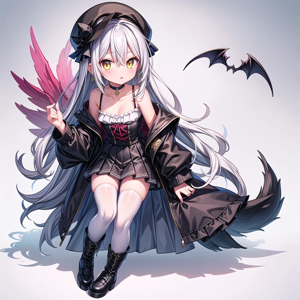 1girl, solo, long hair, breasts, looking at viewer, blush, bangs, skirt, shirt, thighhighs, long sleeves, hat, white background, hair between eyes, bare shoulders, jewelry, very long hair, collarbone, jacket, tail, full body, yellow eyes, white shirt, white hair, pleated skirt, earrings, small breasts, boots, frills, parted lips, open clothes, choker, black skirt, off shoulder, black footwear, white thighhighs, zettai ryouiki, black headwear, beret, black choker, demon tail, high-waist ski