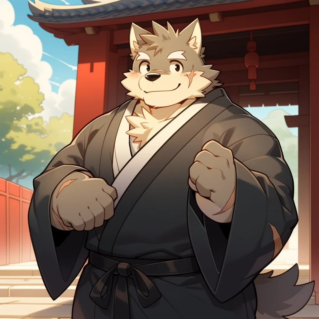 Scribble 黑色柴dog face,Cute face,Humanity(dog),(Black Kimono:1.3),Chubby,(White eyebrows:1.1),(Perfect black eyes),(artist:Takemoto Arashi),(Bulging buttocks),shrine,Scars on the face,Smile,Wolf Tail。
