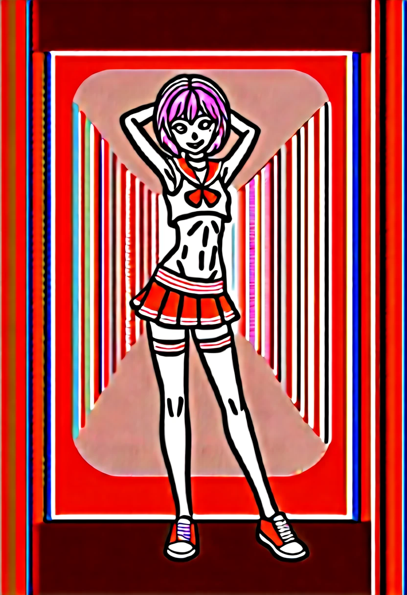 full body dynamic view, (detailed eyes), (detailed, symmetrical facial features), bangs, taut skin, (glossy skin), (slim build), dreamy, (extremely detailed illustration), happy, ((perfect body)), pink hair, grey eyes, black choker, ((solo 1 woman)), pink mini tube top, sailor suit, ((dark red short mini skirt)), stockings, sneakers , (masterpiece: 1.3), (best quality: 1.4), ultra high resolution, (detailed features of clothing), HDR, 8k resolution, single focus, imagen tomada con: Canon EOS professional camera with 50mm lens