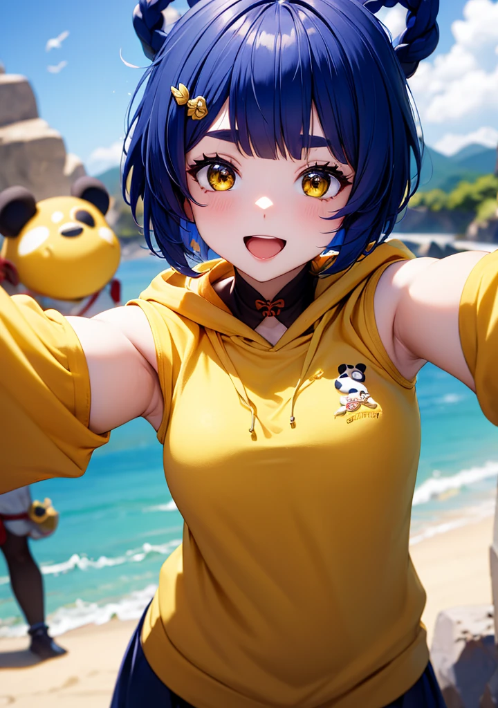 Masterpiece, Best Quality, 1 girl, Xiangling (genshin impact), selfie, SMILE, hair ornament, IN, looking at the viewer, yellow eyes, short hair, :d, fringe, hair pin, Open mouth, long sleeves, thick eyebrows, Hoodie, >_<, blue hair, puesta de sun, Casual, blurred, Arm raised, fringe romo, Upper part of the body, suno, disfraz alternatiINo, sun, reaching the viewer, Xd, sweater, outdoor, braid, panda, mountain, depth of field, sky