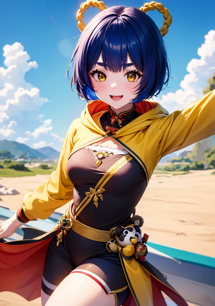 Masterpiece, Best Quality, 1 girl, Xiangling (genshin impact), selfie, SMILE, hair ornament, IN, looking at the viewer, yellow eyes, short hair, :d, fringe, hair pin, Open mouth, long sleeves, thick eyebrows, Hoodie, >_<, blue hair, puesta de sun, Casual, blurred, Arm raised, fringe romo, Upper part of the body, suno, disfraz alternatiINo, sun, reaching the viewer, Xd, sweater, outdoor, braid, panda, mountain, depth of field, sky