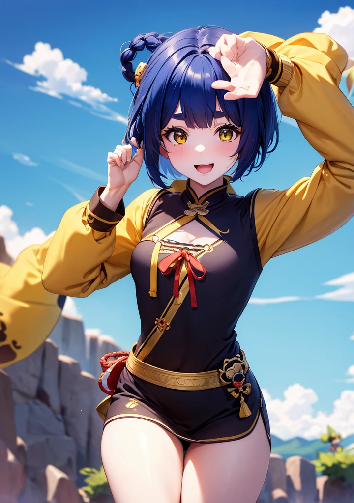 Masterpiece, Best Quality, 1 girl, Xiangling (genshin impact), selfie, SMILE, hair ornament, IN, looking at the viewer, yellow eyes, short hair, :d, fringe, hair pin, Open mouth, long sleeves, thick eyebrows, Hoodie, >_<, blue hair, puesta de sun, Casual, blurred, Arm raised, fringe romo, Upper part of the body, suno, disfraz alternatiINo, sun, reaching the viewer, Xd, sweater, outdoor, braid, panda, mountain, depth of field, sky