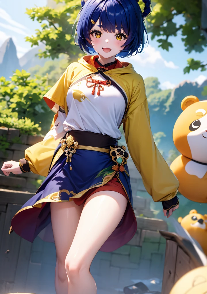 Masterpiece, Best Quality, 1 girl, Xiangling (genshin impact), selfie, SMILE, hair ornament, IN, looking at the viewer, yellow eyes, short hair, :d, fringe, hair pin, Open mouth, long sleeves, thick eyebrows, Hoodie, >_<, blue hair, puesta de sun, Casual, blurred, Arm raised, fringe romo, Upper part of the body, suno, disfraz alternatiINo, sun, reaching the viewer, Xd, sweater, outdoor, braid, panda, mountain, depth of field, sky