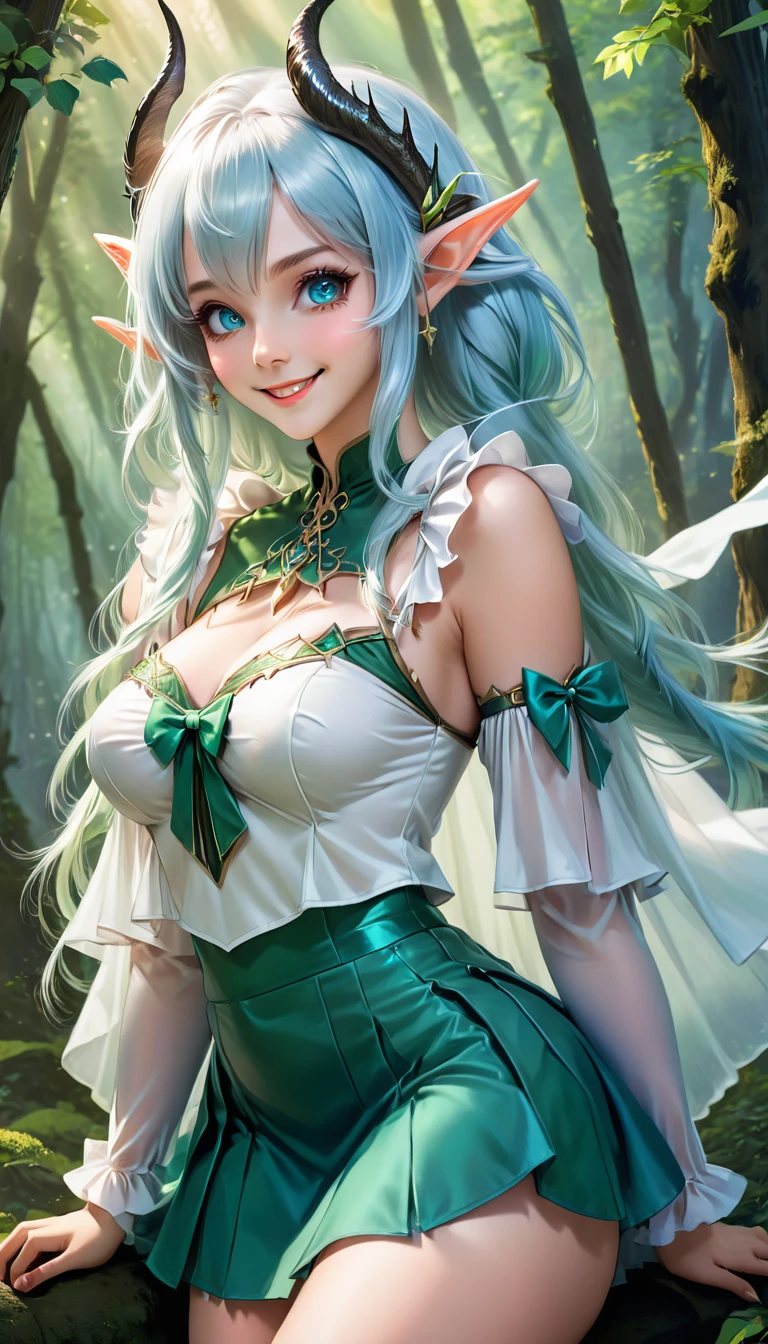 masterpiece, Highest quality, Very detailed, High resolution, An expensive solution, High resolution, masterpiece, depth, Fine texture, Highest quality, Total concentration, (very pretty anime Elf Girl), (Beautiful Gothic Elf Woman, Young Elves, Elf Girl, pretty girl, Young girl),Has horns on its head, Grin, smile, (A chic white top with beautiful details, ribbon, medium pleated skirt, Fluffy long sleeves, White Cape), Emerald Eyes, Long eyelashes, eyeliner, Huge thighs, Wide Hips, Tight waist, ( Light blue hair, (Light Hair, Long Hair), bangs, Gradient Hair), Shiny Hair,  Forest as a background, Fantasy art, 8k high quality detailed art, A fusion of realism and colorful fantasy, Gothic art style, Fantasy art style, a beautiful fantasy Young Elves, CGI anime Fantasy artwork, charm,  Seductive posture, Vibrant colors, 自信に満ちたsmile, gentle smile, Beautiful attention to detail, Beautiful lip detail, Very detailed目と顔, Long eyelashes, Vibrant colors, Professional, Very detailedな, Intricate details, Volumetric lighting, Lens flare, particle,(White and platinum color scheme), mysterious, mysteriousな