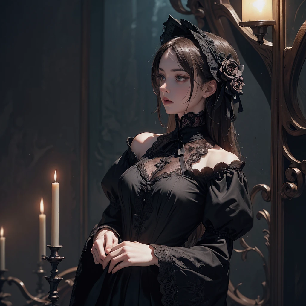Official Art, Unity 8k wallpaper, super detailed, beautiful, beautiful, masterpiece, best quality,
darkness, atmosphere, mystery, romanticism, creepy, literature, art, fashion, victorian, decoration, intricacies, ironwork, lace, contemplation, emotional depth, supernatural,
1 girl, solo, neck, bust composition