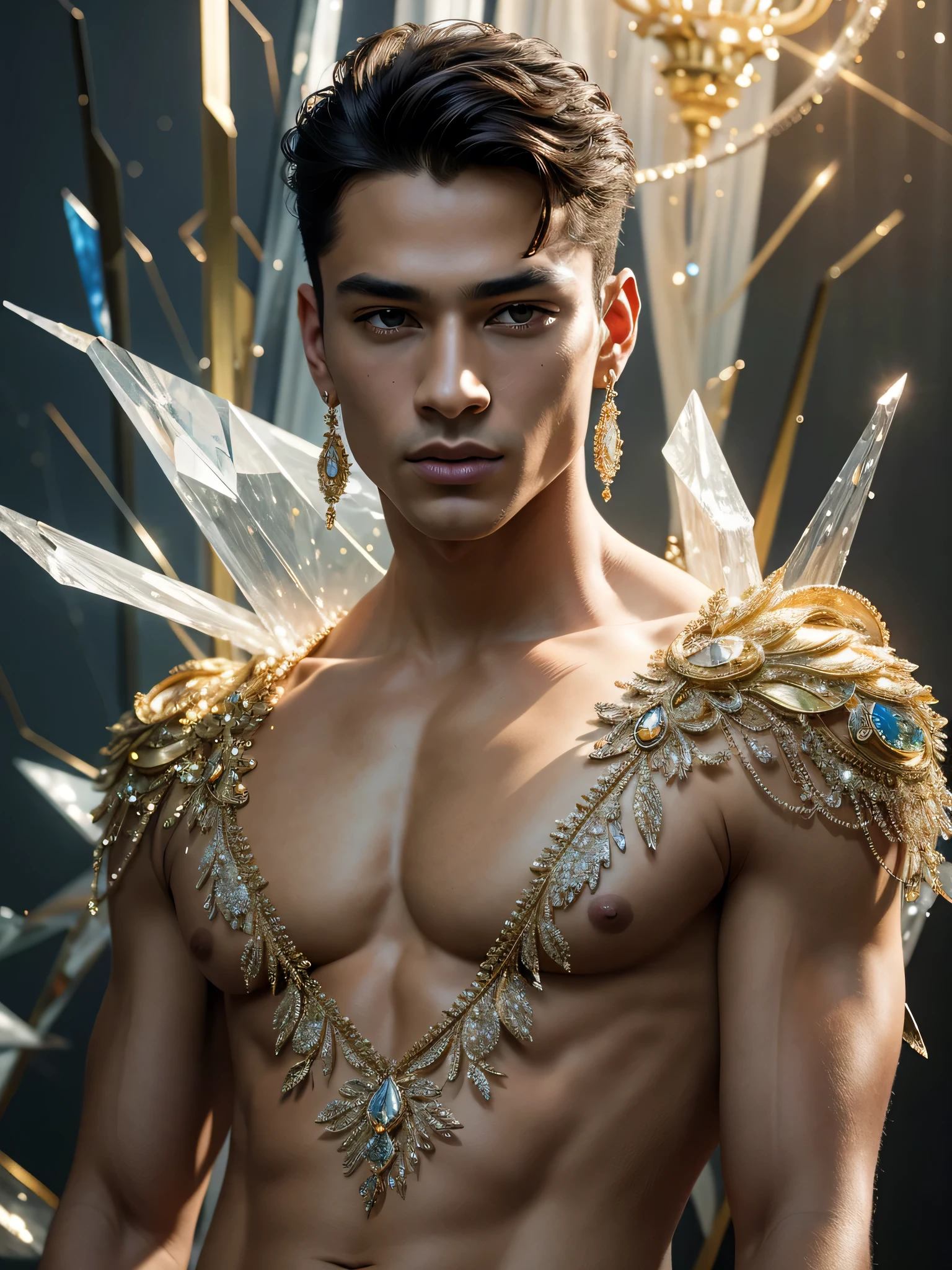 (photorealistic, masterpiece, best quality, highres, highly detailed), a young and handsome man posing nude surrounded by crystal, personification of crystal as a man, 18-year-old man, vibrant colors, realistic lighting, sparkling reflections, radiant and transparent skin, chiseled physique, intense gaze, striking features, well-defined jawline, tousled hair, confident and relaxed posture, artistic composition, elegant and graceful pose, captivating and alluring expression, the man's body covered with delicate and intricate crystals, creating a mesmerizing and ethereal effect, immaculate attention to detail, flawless rendering of textures, harmonious blend of realism and fantasy, incredible depth and dimension, attention-grabbing contrast between the smoothness of the man's skin and the texture of the crystals, seamless integration of the human form with the crystal surroundings, evoking a sense of grace, beauty, and mystery, powerful symbolism of purity and strength embodied by the crystal elements, expert use of shadows and highlights to enhance the three-dimensional quality of the image, masterful use of color to create a dreamlike atmosphere, refined and subtle nuances of light and shade, creating a visually stunning and emotionally impactful scene, exquisite craftsmanship and skillful execution, capturing the essence of both the human form and the ethereal beauty of crystals, creating an unforgettable and awe-inspiring visual experience.