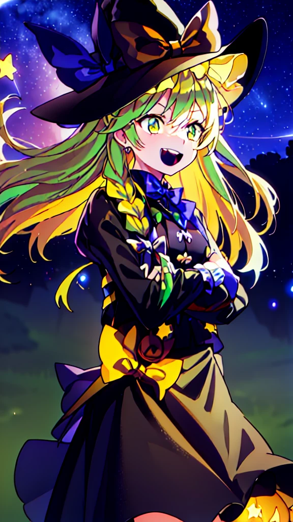 (Best image quality), blonde_hair, length_hair, Have, witch_Have, bow, yellow_eye, Braiding, single_Braiding, Have_bow, smile, hair_bow, white_bow, 前hair, black_hat, (Highly detailed CG Unity 16k wallpaper:1.1), Night Sky,(shooting star)