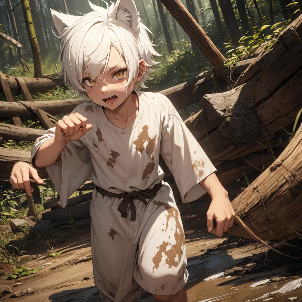 Toddler boy, wolf ears and tail, short white hair, golden eyes, mud dirty, scars, fangs, playful face, caveman clothes