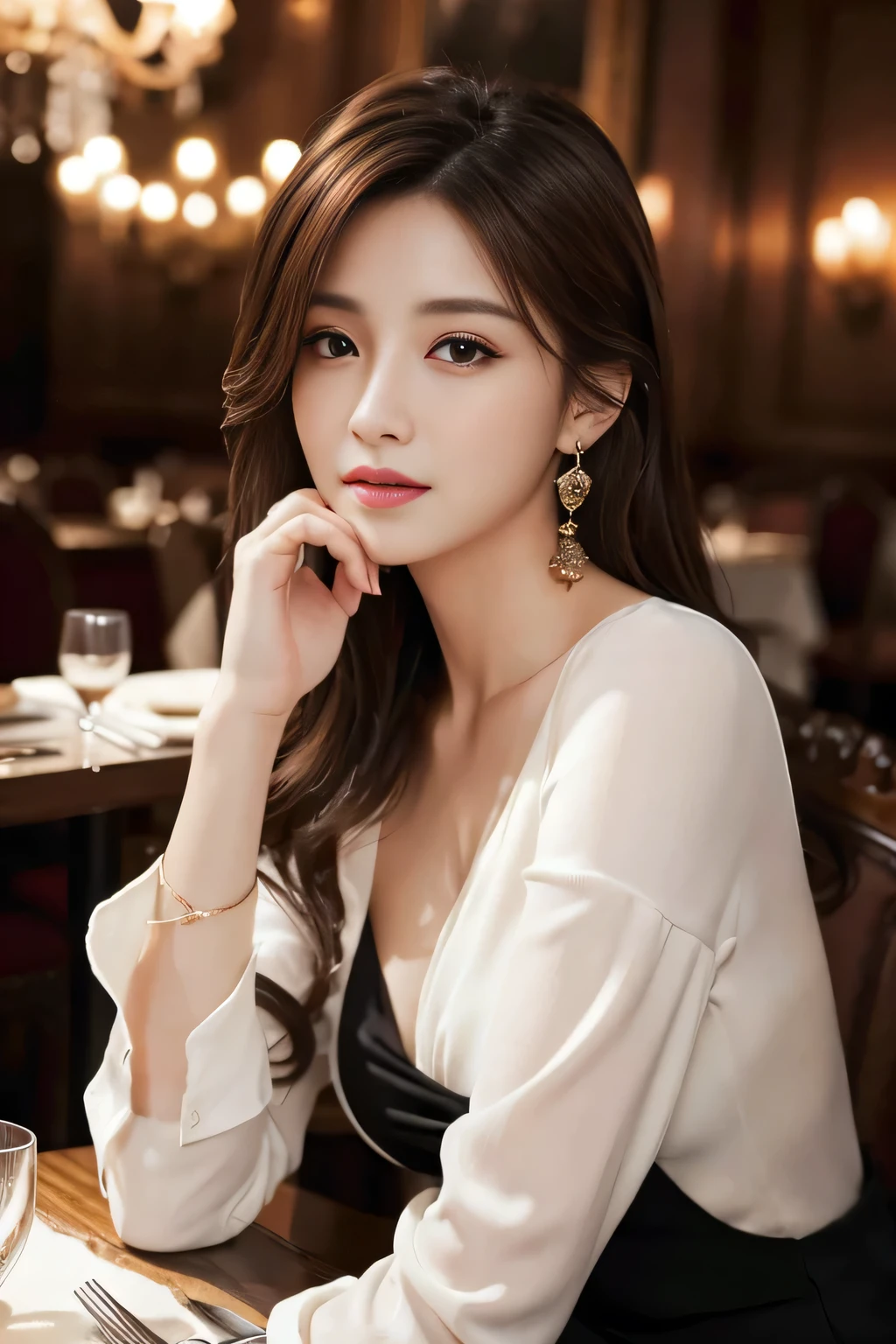 masterpiece, Highest quality, Realistic, Very detailed, Finer details, High resolution, 8k wallpaper, One beautiful woman, Wear a nice suit, In a great restaurant, At night, Light brown messy hair, Perfect dynamic composition, Beautiful and beautiful eyes、Big earrings、Sit on a chair、
