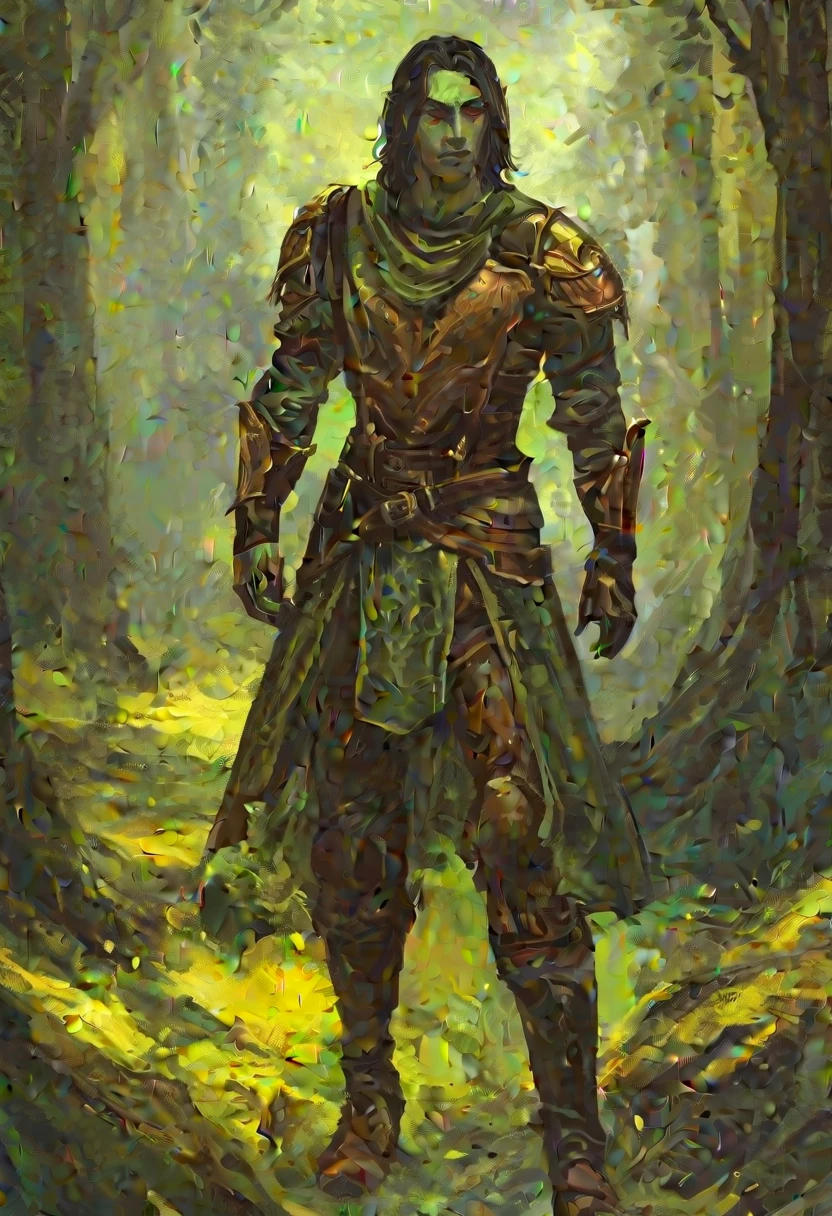 digitalpainting, pictorial \(styled\), male rogue from the Elder Scrolls series, trunk, 1920x1080, short dark hair, golden eye, Light green skin, brown leather armor, without shoulder pad, Dynamic shading, expressive brushstrokes, oil on canvas, extremely detaild, light and dark colors , full body image, near river in a forest,