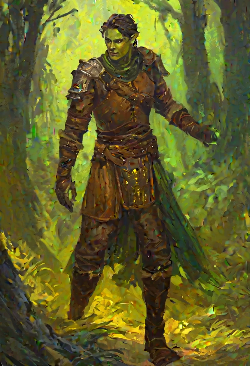 digitalpainting, pictorial \(styled\), male rogue from the Elder Scrolls series, trunk, 1920x1080, short dark hair, golden eye, Light green skin, brown leather armor, without shoulder pad, Dynamic shading, expressive brushstrokes, oil on canvas, extremely detaild, light and dark colors , full body image, near river in a forest,